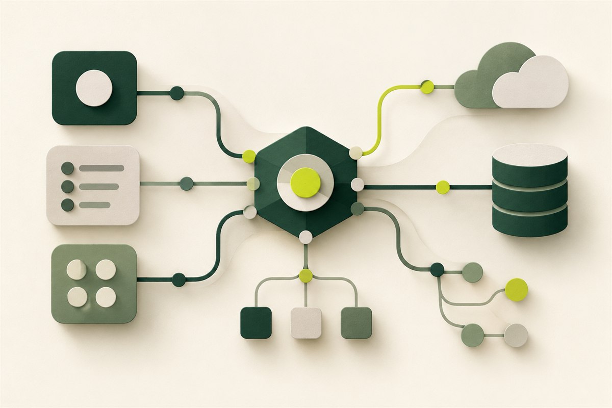 Editorial illustration of connected software modules, data paths, and a database