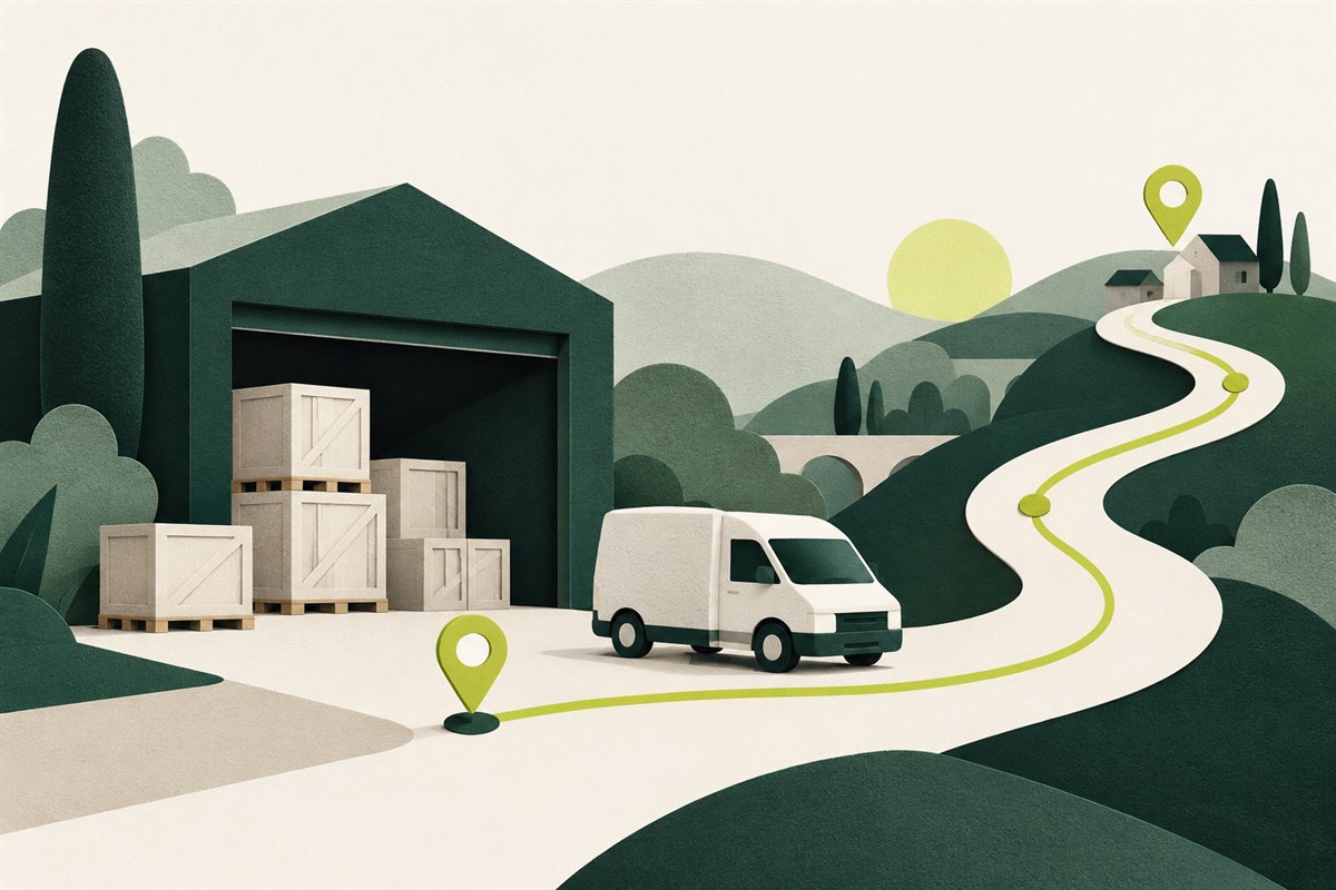 Editorial illustration of a warehouse, delivery van, and connected route
