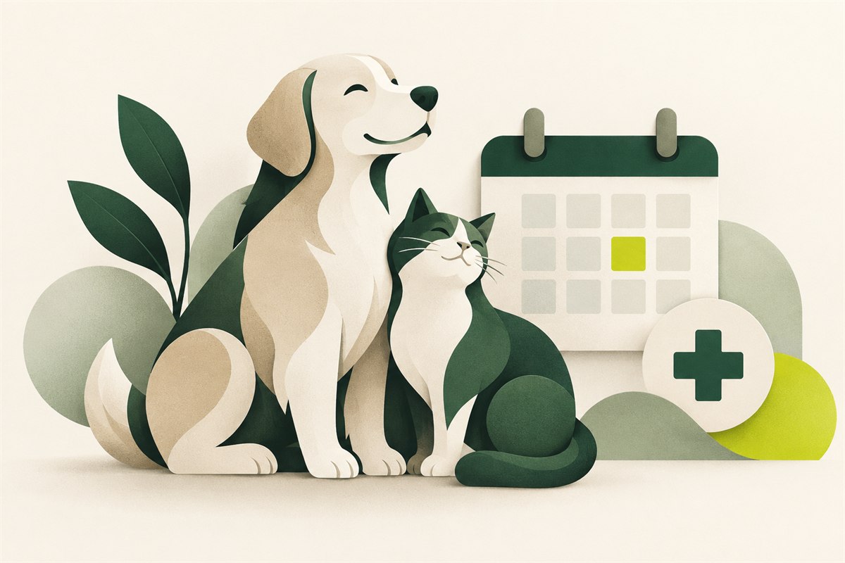 Editorial illustration of a dog, cat, care calendar, and veterinary symbol