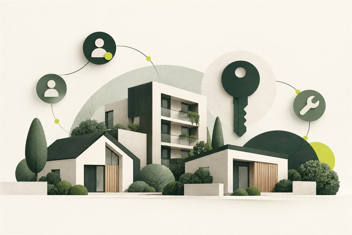 Editorial illustration of homes, residents, and property maintenance tools